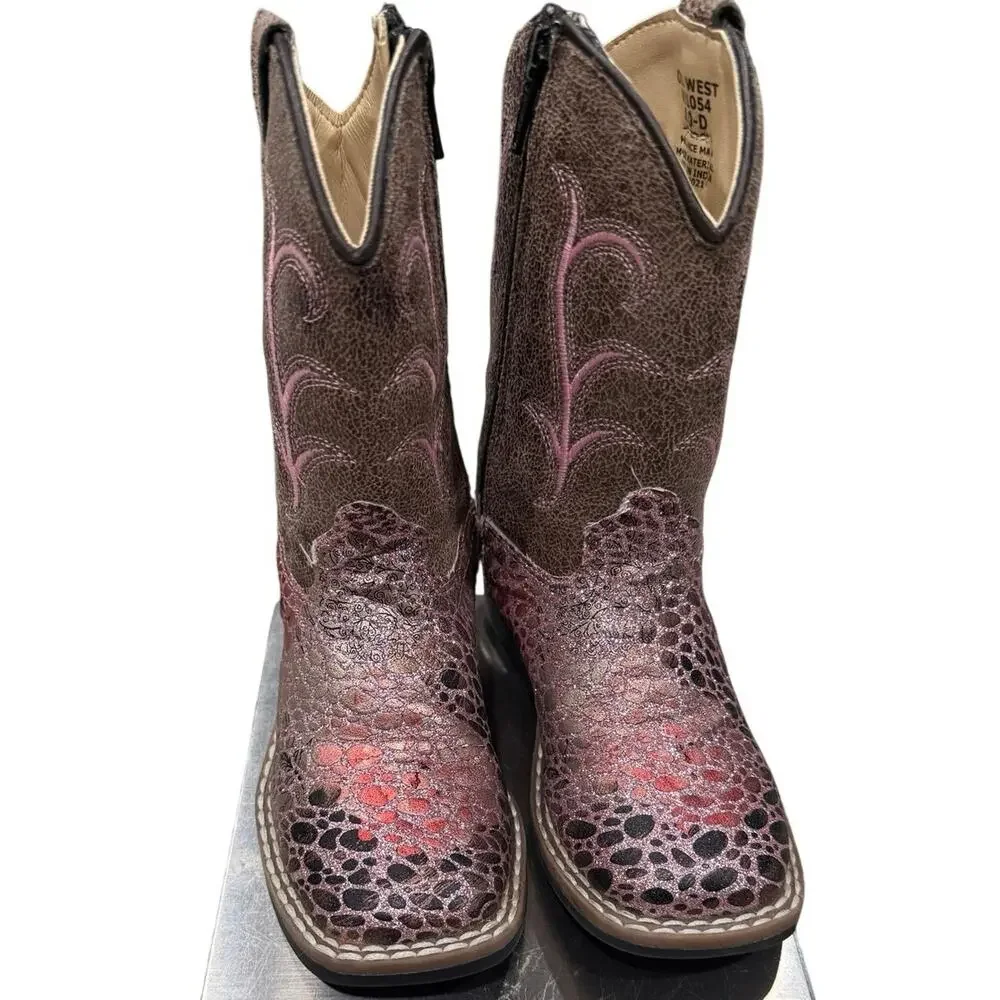 Old West Girls Pink Western Cowboy Boots Square Toe Side Zip Size 8C VB1054